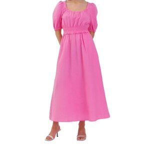 Aligne Women US4 Fuscha Pink Frederika Dress Smocked Puff Sleeve Pckt Linen Maxi